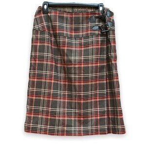 Cato Plaid True Wrap Skirt Faux Leather Toggle Womens Size 10 Brown Tan Orange